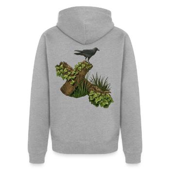 Krähe auf Holzkreuz, efeu - Unisex Premium Bio Zip Hoodie - Grau meliert - Hinten - Nico (187cm)