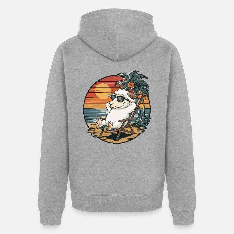 Moutons drôles sur le coucher de soleil des vacances d’été sur la plage - Veste à capuche bio Premium Unisexe - gris chiné