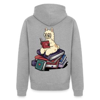 Bücherwurm Lama Alpaca Bücher Lesen Kunst - Unisex Premium Bio Zip Hoodie - Grau meliert - Hinten - Nico (187cm)