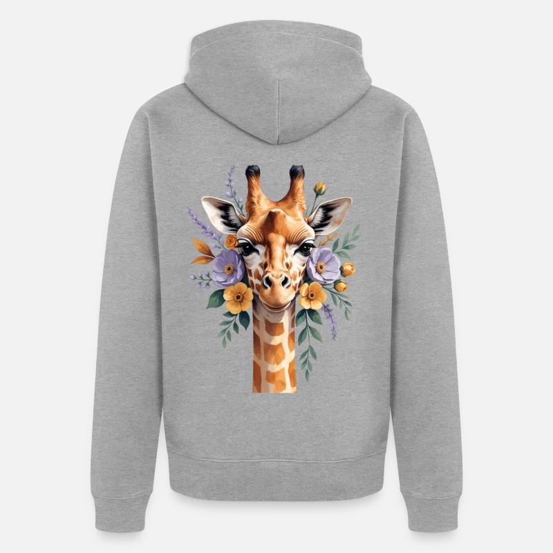 Girafe avec une couronne de fleurs - Veste à capuche bio Premium Unisexe - gris chiné