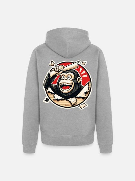 Affe beim Papier abreißen - Unisex Premium Bio Zip Hoodie - Grau meliert