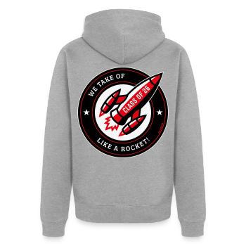 Promotion de 26 – Nous décollons comme une fusée ! (NÉGATIF Rouge) - Veste à capuche bio Premium Unisexe - gris chiné - Dos - Nico (187cm)