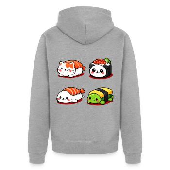 Kawaii Sushi Tierchen Parade - Unisex Premium Bio Zip Hoodie - Grau meliert - Hinten - Nico (187cm)