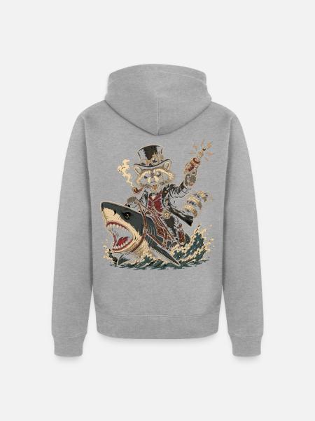 Steampunk Waschbär auf Hai - Unisex Premium Bio Zip Hoodie - Grau meliert