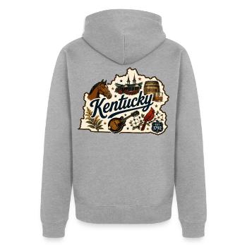 Vintage-Kentucky Bluegrass-Bourbon-Aufkleber - Unisex Premium Bio Zip Hoodie - Grau meliert - Hinten - Nico (187cm)