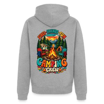  Camping Crew – Campfires with friends, - Unisex Premium Bio Zip Hoodie - Grau meliert - Hinten - Nico (187cm)