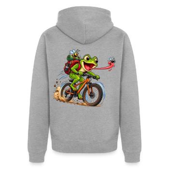 Funny Frog Riding Bicycle Cartoon - Unisex Premium Bio Zip Hoodie - Grau meliert - Hinten - Nico (187cm)