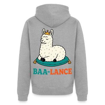 Baa-Lance – Königliches Lama in Balance - Unisex Premium Bio Zip Hoodie - Grau meliert - Hinten - Nico (187cm)
