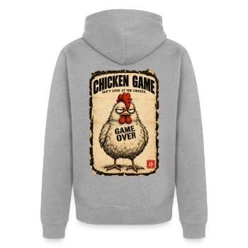  Chicken Game Don’t Look at the Chicken  - Unisex Premium Bio Zip Hoodie - Grau meliert - Hinten - Nico (187cm)