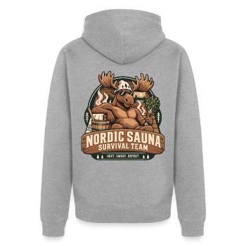 Nordic Sauna Survival Team Elch Humor - Unisex Premium Bio Zip Hoodie - Grau meliert - Hinten - Nico (187cm)