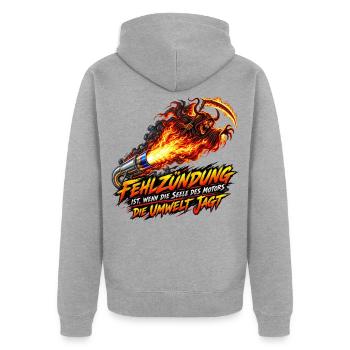 Fehlzündung: Seele des Motors - Unisex Premium Bio Zip Hoodie - Grau meliert - Hinten - Nico (187cm)