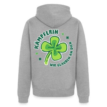 Kämpferin – Wir glauben an dich - Mutmacher - Unisex Premium Bio Zip Hoodie - Grau meliert - Hinten - Nico (187cm)
