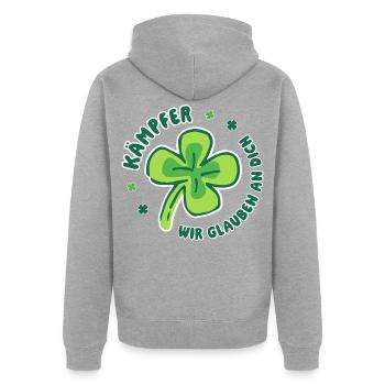 Kämpfer – Wir glauben an dich - Mutmacher - Unisex Premium Bio Zip Hoodie - Grau meliert - Hinten - Nico (187cm)