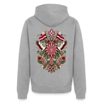 Lettland | Volkskunst, Störche & Eichen - Unisex Premium Bio Zip Hoodie - Grau meliert - Hinten - Nico (187cm)