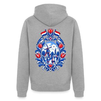 Niederlande | Tulpen, Windmühle & Kanal - Unisex Premium Bio Zip Hoodie - Grau meliert - Hinten - Nico (187cm)