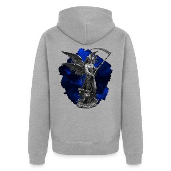 Himmlische Wächterin mit Sichel - Unisex Premium Bio Zip Hoodie - Grau meliert - Hinten - Nico (187cm)