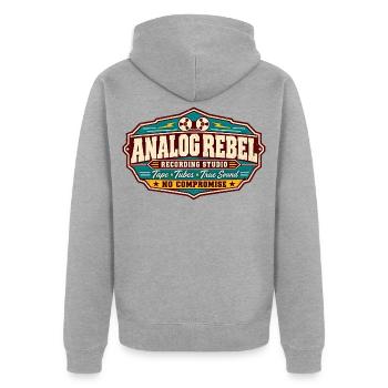 ROCK STAMP GESELLSCHAFT | Analog Rebel - Unisex Premium Bio Zip Hoodie - Grau meliert - Hinten - Nico (187cm)