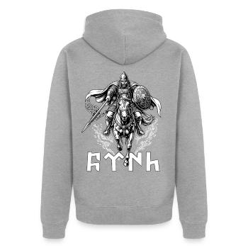 Osmanischer Akinci Krieger Türk Reiter Göktürk - Unisex Premium Bio Zip Hoodie - Grau meliert - Hinten - Nico (187cm)