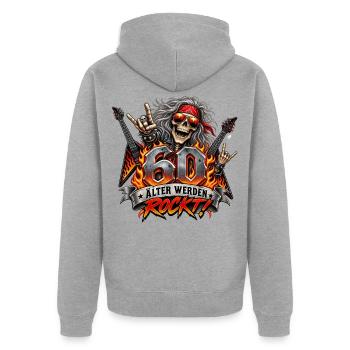 60.Geburtstag, Rock,   Älter Werden Rockt  - Unisex Premium Bio Zip Hoodie - Grau meliert - Hinten - Nico (187cm)