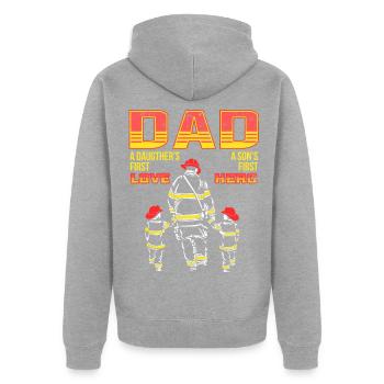 Cooler Feuerwehr Papa Mit Tochter Sohn - Unisex Premium Bio Zip Hoodie - Grau meliert - Hinten - Nico (187cm)