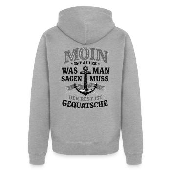 Moin ist alles Spruch – Vintage Typo mit Anker - Unisex Premium Bio Zip Hoodie - Grau meliert - Hinten - Nico (187cm)