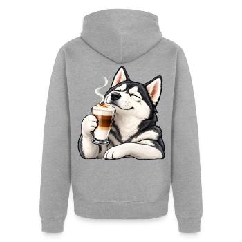 Husky mit Latte Macchiato – Kaffeepause - Unisex Premium Bio Zip Hoodie - Grau meliert - Hinten - Nico (187cm)
