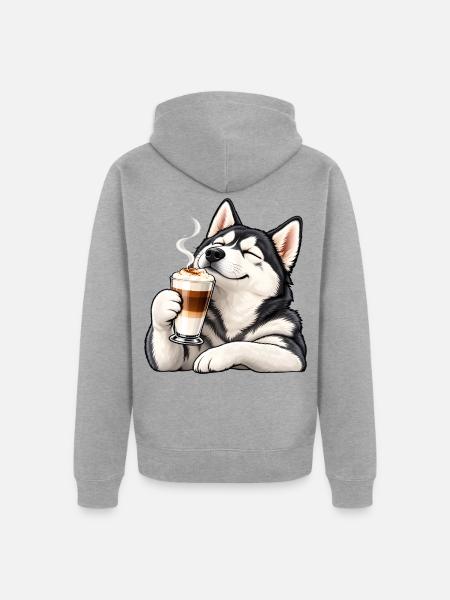 Husky mit Latte Macchiato – Kaffeepause - Unisex Premium Bio Zip Hoodie - Grau meliert