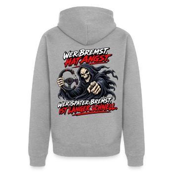 Angst vorm Bremsen Grim Reaper - Unisex Premium Bio Zip Hoodie - Grau meliert - Hinten - Nico (187cm)