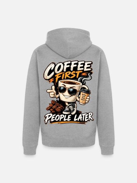 Erst Kaffee, Menschen später - Unisex Premium Bio Zip Hoodie - Grau meliert