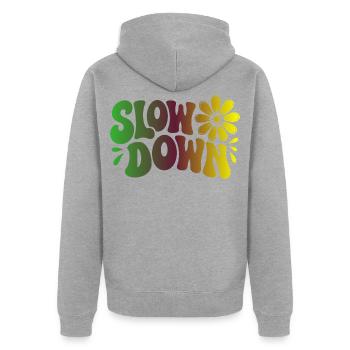 Slow Down Yoga Achtsamkeit und Ruhe - Unisex Premium Bio Zip Hoodie - Grau meliert - Hinten - Nico (187cm)