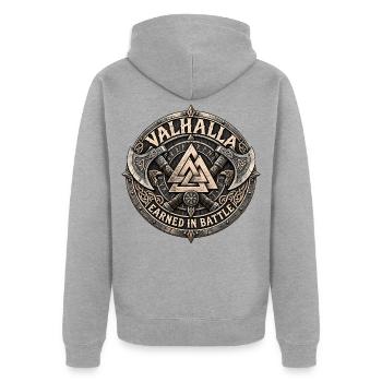 Valhalla Valknut Wikinger Emblem – Noventra - Unisex Premium Bio Zip Hoodie - Grau meliert - Hinten - Nico (187cm)