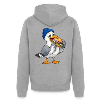Möwe mit Beanie & Fischbrötchen – Küste - Unisex Premium Bio Zip Hoodie - Grau meliert - Hinten - Nico (187cm)