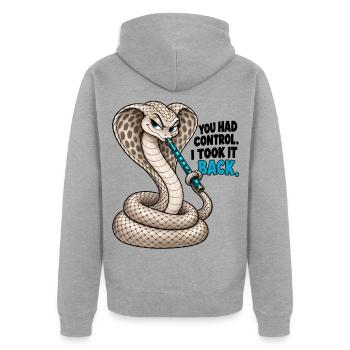 Cobra – Die Kontrolle zurückgewinnen - Unisex Premium Bio Zip Hoodie - Grau meliert - Hinten - Nico (187cm)