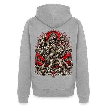 Kronenhydra im Flammenrot - Unisex Premium Bio Zip Hoodie - Grau meliert - Hinten - Nico (187cm)