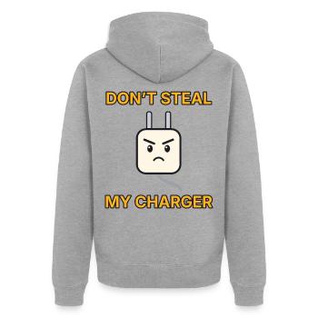 Ladekabel – Don’t steal my charger – Büro lustig - Unisex Premium Bio Zip Hoodie - Grau meliert - Hinten - Nico (187cm)