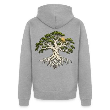 Yggdrasil Lebensbaum mit Wurzelknoten und Sonne - Unisex Premium Bio Zip Hoodie - Grau meliert - Hinten - Nico (187cm)