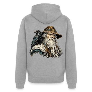 Odin mit Rabe – Nordischer Allvater - Unisex Premium Bio Zip Hoodie - Grau meliert - Hinten - Nico (187cm)