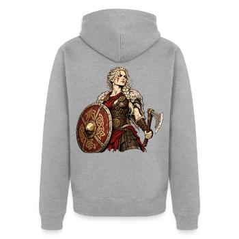 Schildmaid mit Axt und Schild – Wikingerin - Unisex Premium Bio Zip Hoodie - Grau meliert - Hinten - Nico (187cm)