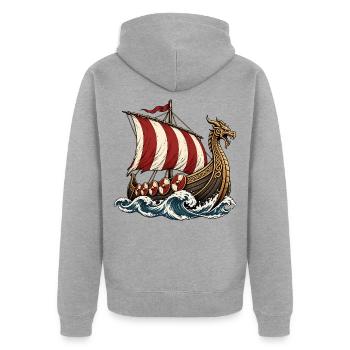 Wikingerschiff mit Drachenkopf und rotem Segel - Unisex Premium Bio Zip Hoodie - Grau meliert - Hinten - Nico (187cm)