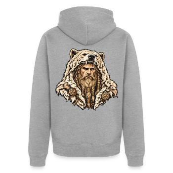 Berserker mit Bärenfell – Wikingerkrieger - Unisex Premium Bio Zip Hoodie - Grau meliert - Hinten - Nico (187cm)