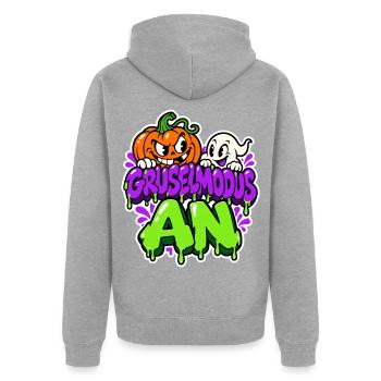 Gruselmodus An - Halloween Kürbis und Geist - Unisex Premium Bio Zip Hoodie - Grau meliert - Hinten - Nico (187cm)