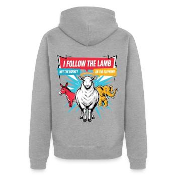 Ich folge dem Lamm, nicht dem Esel oder Elefanten - Unisex Premium Bio Zip Hoodie - Grau meliert - Hinten - Nico (187cm)
