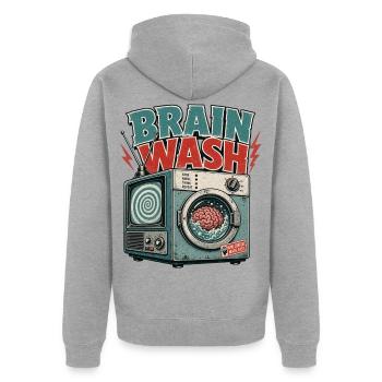 BRAIN WASH MACHINE - Unisex Premium Bio Zip Hoodie - Grau meliert - Hinten - Nico (187cm)