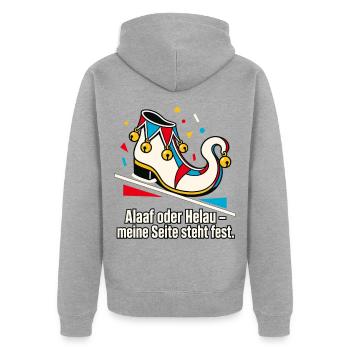Karnevalsfan Alaaf oder Helau Regionalstolz - Unisex Premium Bio Zip Hoodie - Grau meliert - Hinten - Nico (187cm)