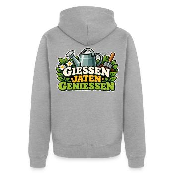 Gießen Jäten Genießen Gartenfreude - Unisex Premium Bio Zip Hoodie - Grau meliert - Hinten - Nico (187cm)