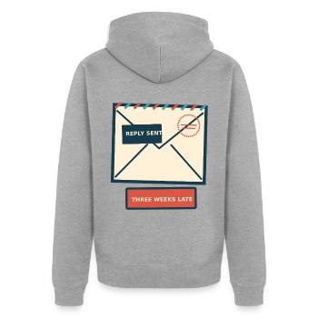 Brieffreund — Antwort drei Wochen zu spät gesendet - Unisex Premium Bio Zip Hoodie - Grau meliert - Hinten - Nico (187cm)