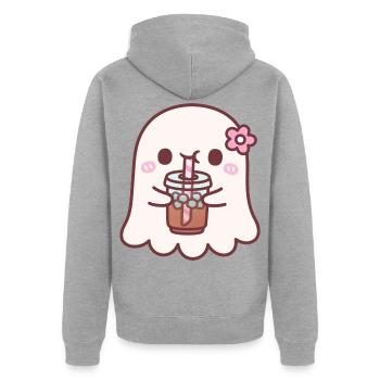 Süßer Geist mit rosa Blume trinkt Eiskaffee - Unisex Premium Bio Zip Hoodie - Grau meliert - Hinten - Nico (187cm)