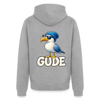 Seemöwe mit Mütze und Sonnenbrille und GUDE - Unisex Premium Bio Zip Hoodie - Grau meliert - Hinten - Nico (187cm)
