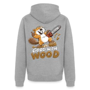 Biber Good With Wood Kettensäge Holzfäller Humor - Unisex Premium Bio Zip Hoodie - Grau meliert - Hinten - Nico (187cm)