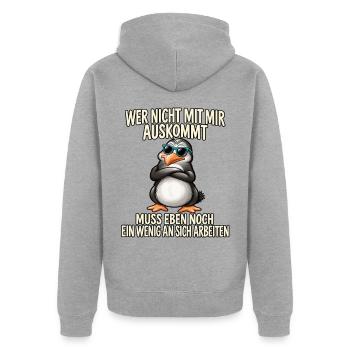 Pinguin mit Sonnenbrille – Arbeitsspruch - Unisex Premium Bio Zip Hoodie - Grau meliert - Hinten - Nico (187cm)